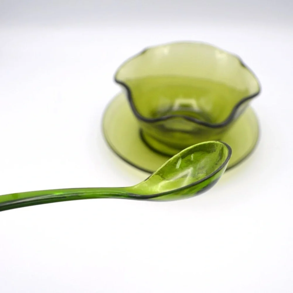 Vintage 70s Green Glass Bowl Plate Serving Spoon Set 1970s Fluted Ribbon Rim MCM
